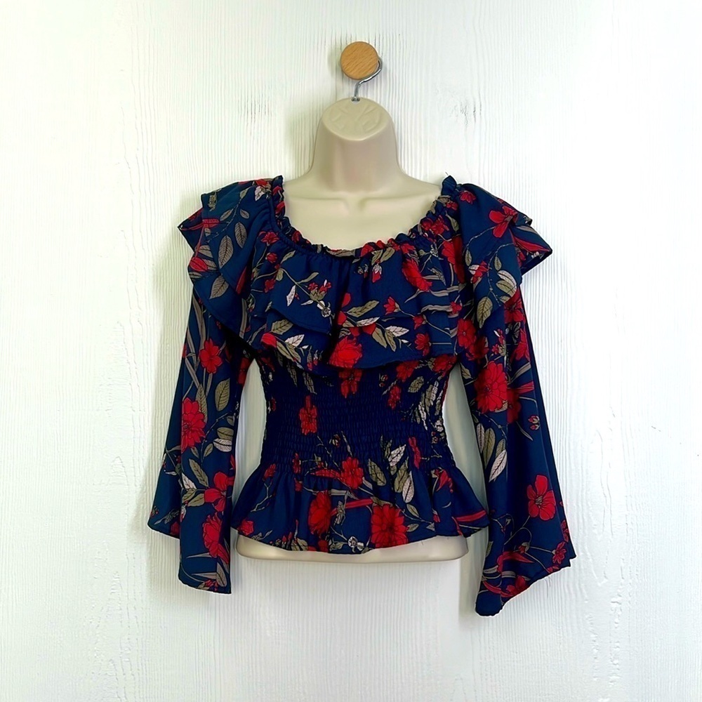 Chelsea & Violet - Navy Colorful Floral Off The Shoulder Smocked Blouse Small